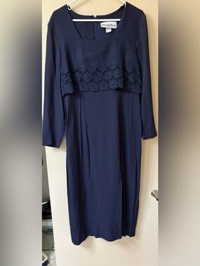 Another Thyme 1990’s Navy Long Sleeve Midi Dress with Crochet Overlay